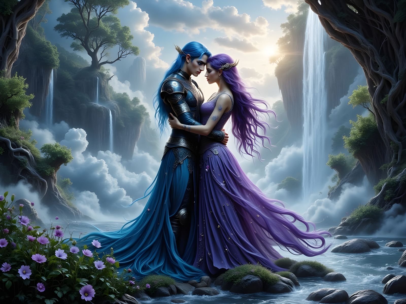 Ethereal Elven Lovers Embracing Beneath a Waterfall