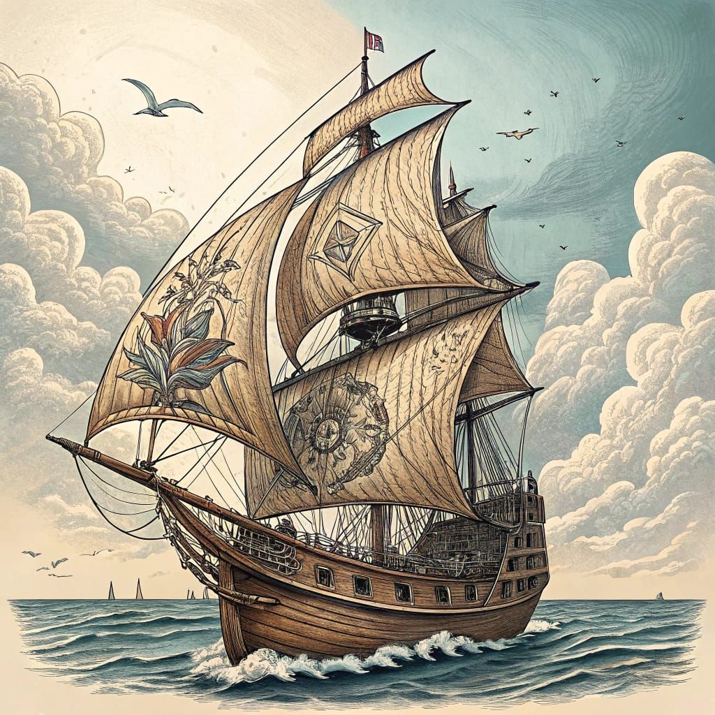 Vintage Wooden Sailboat in Full Sail Art