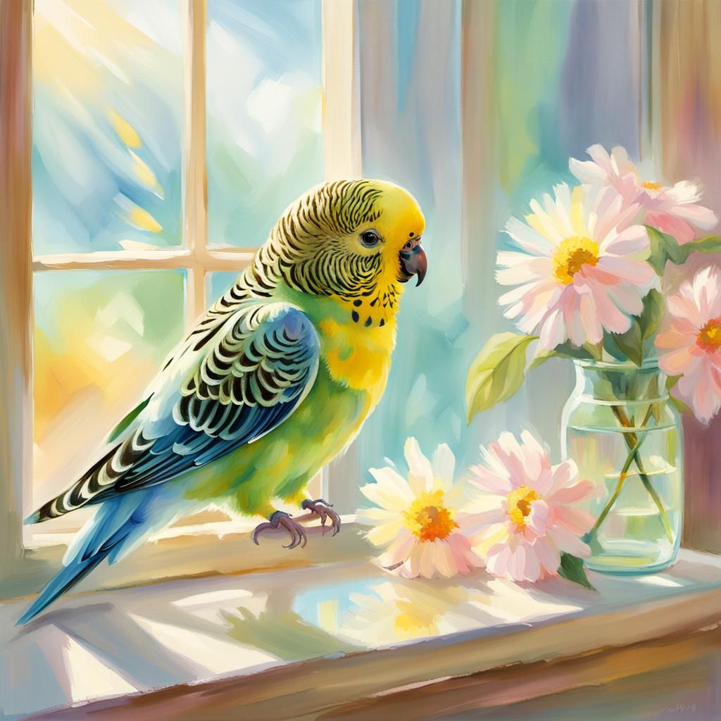 Budgie in Impressionist Style Interacting with Toy Mirror