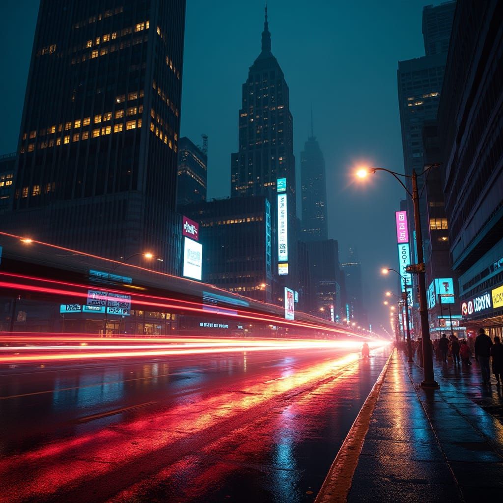 Bustling City at Night: Rain-Slicked Streets with Car Light ...