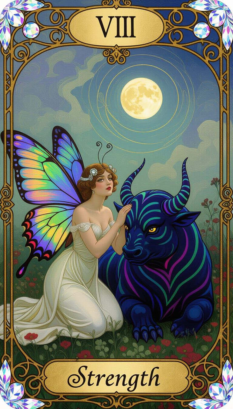 Strength Tarot Card with Butterfly Lady in Neo-Impressionist...