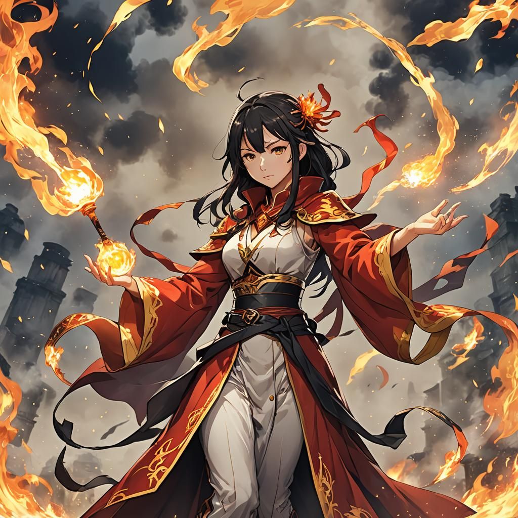 Exotic Fire Wizard Casting Spell in Anime Style