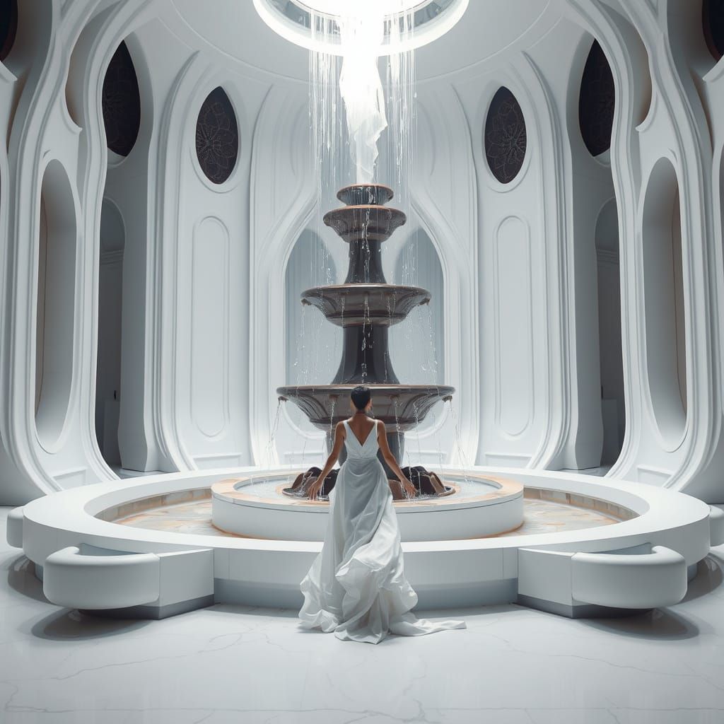 Futuristic Chocolate Fountain Scene in Art Nouveau Style