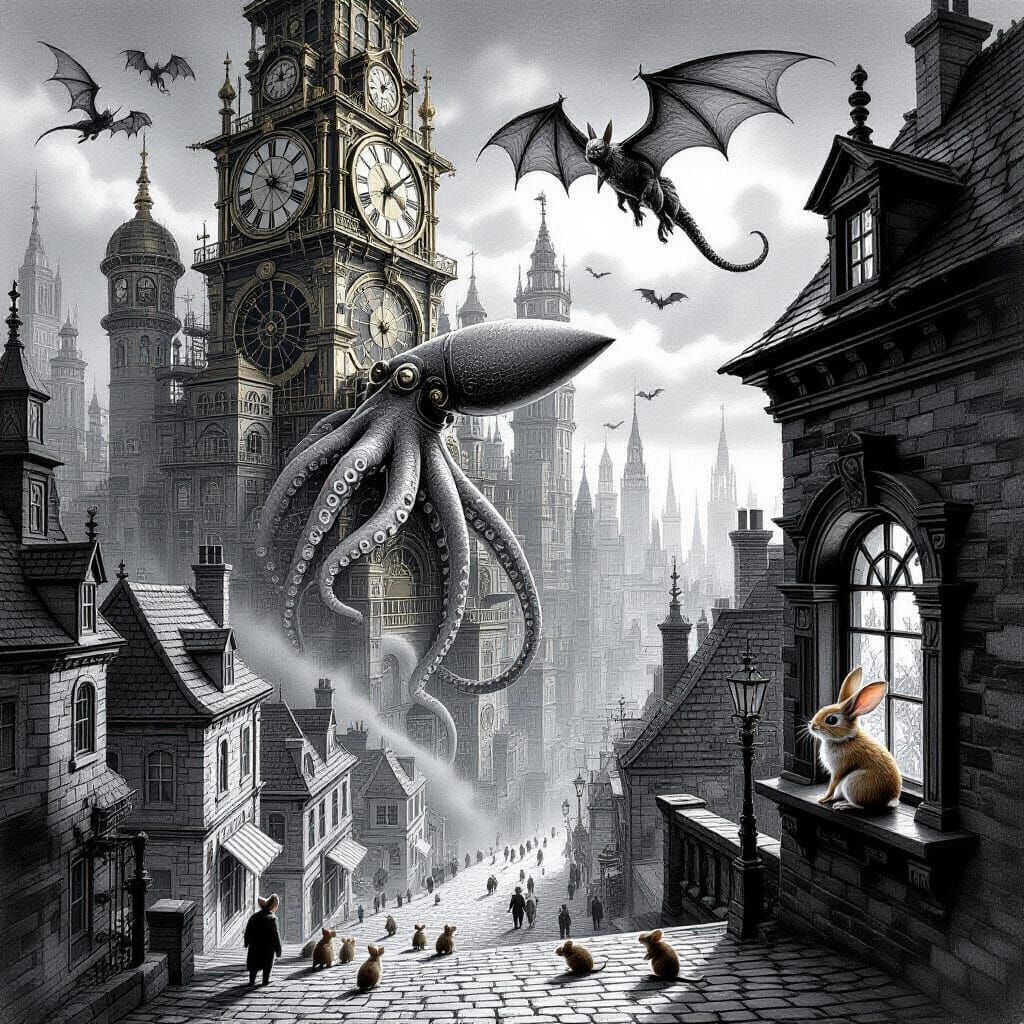 Steampunk Cityscape Drawing with Giant Squid and Mice