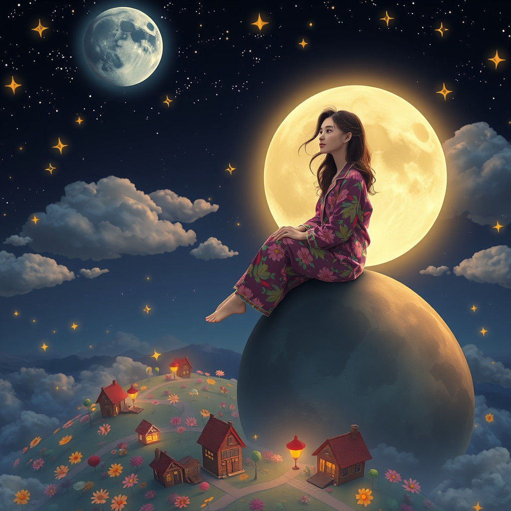 Lady on the Moon Gazing Down at Earth