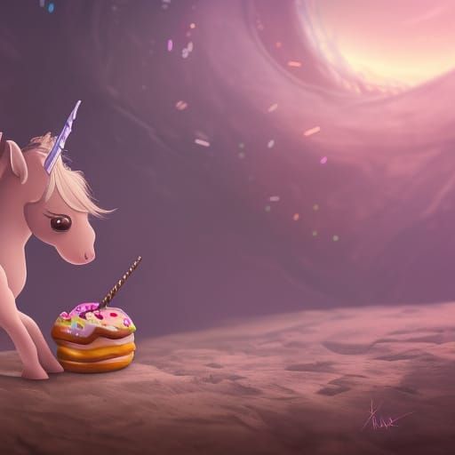 Baby Unicorn Eating Donut in Detailed Matte Painting
