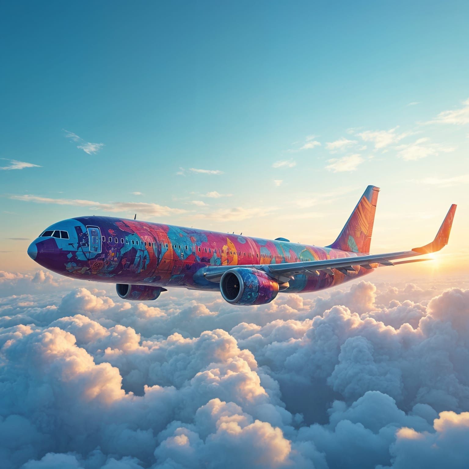 Colorful Jumbo Jet Soaring at Sunrise