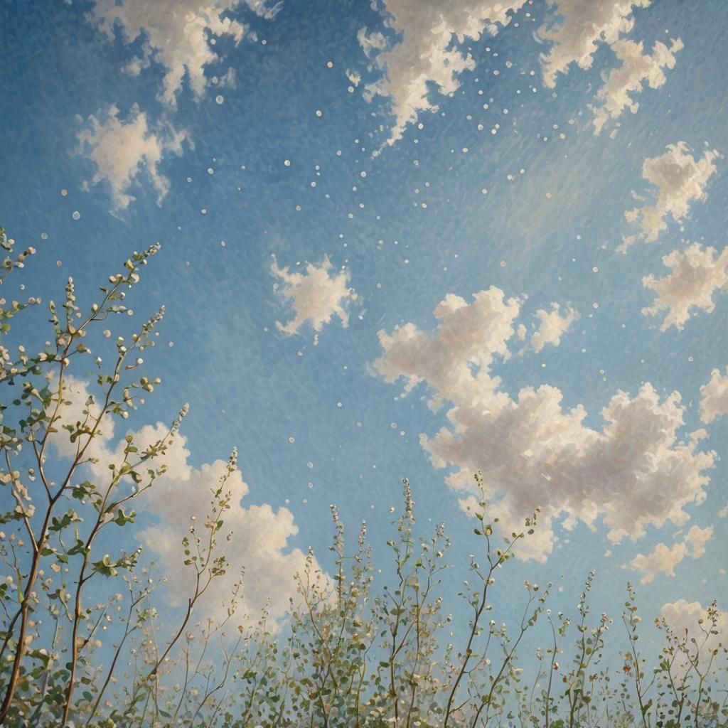 Loops and swirls of silver dots "wind" against a clear blue sky.