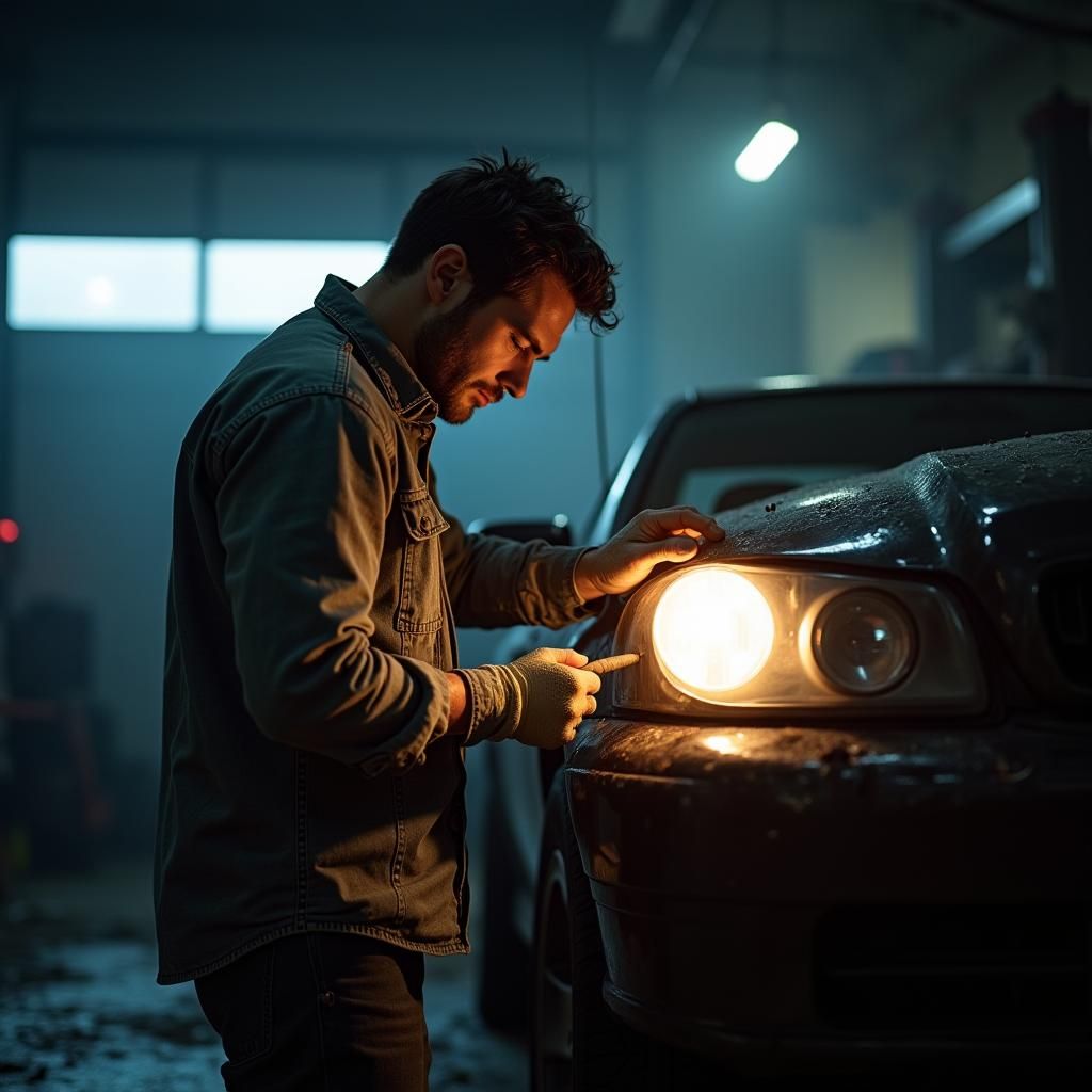 Mechanic Repairs Headlamp in Hyper-Realistic Garage Scene
