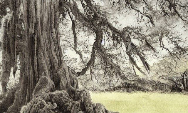 Ink Wash Painting of Ancient Cypress Tree
