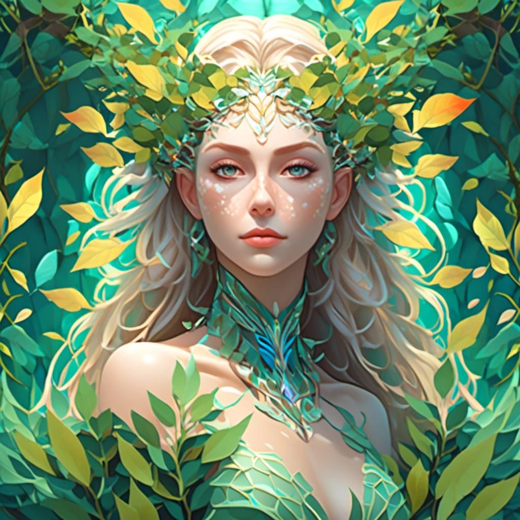 Forest Goddess in Leaves with Fractal Elements