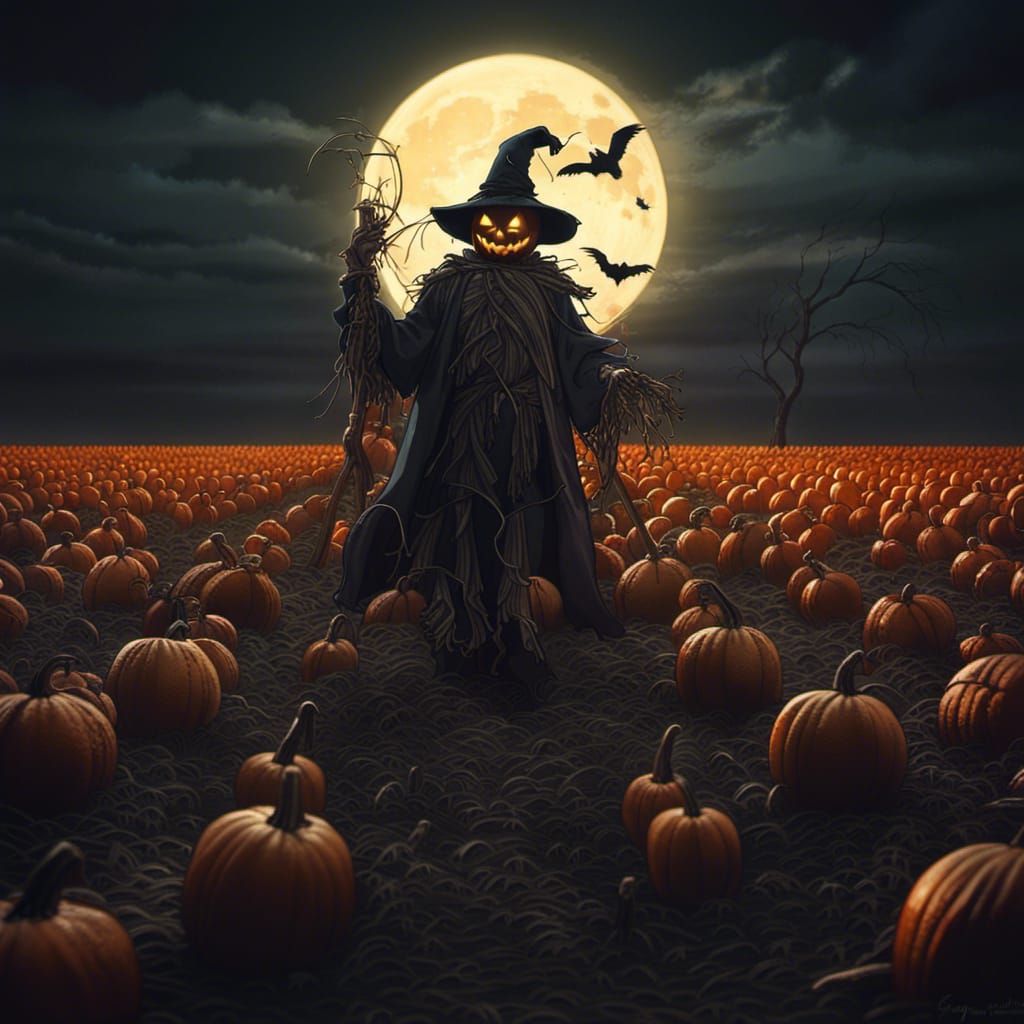 Spooky Halloween Pumpkin Scarecrow in Moonlight