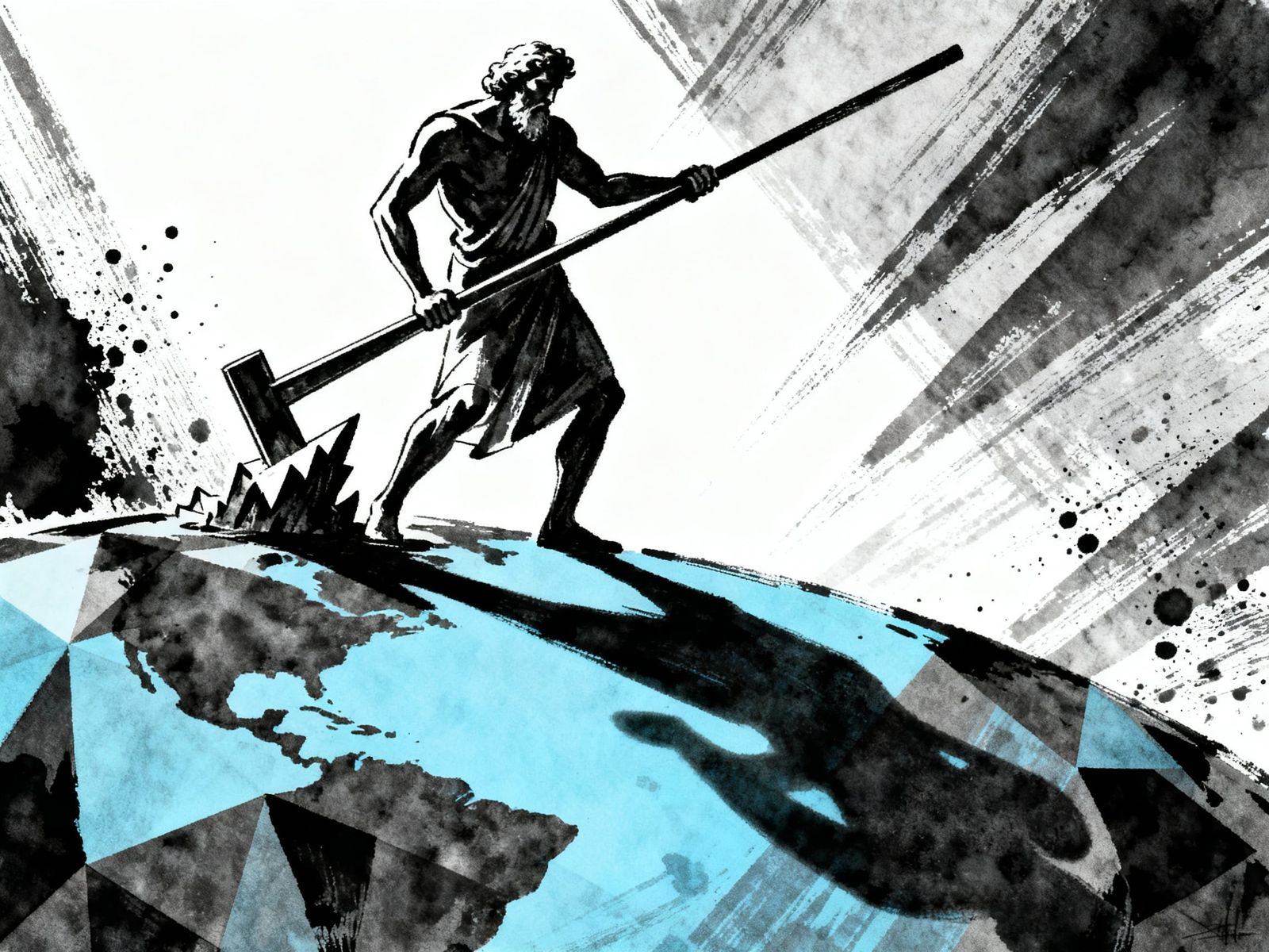 Archimedes Lever Moves World Surreal Ink Illustration