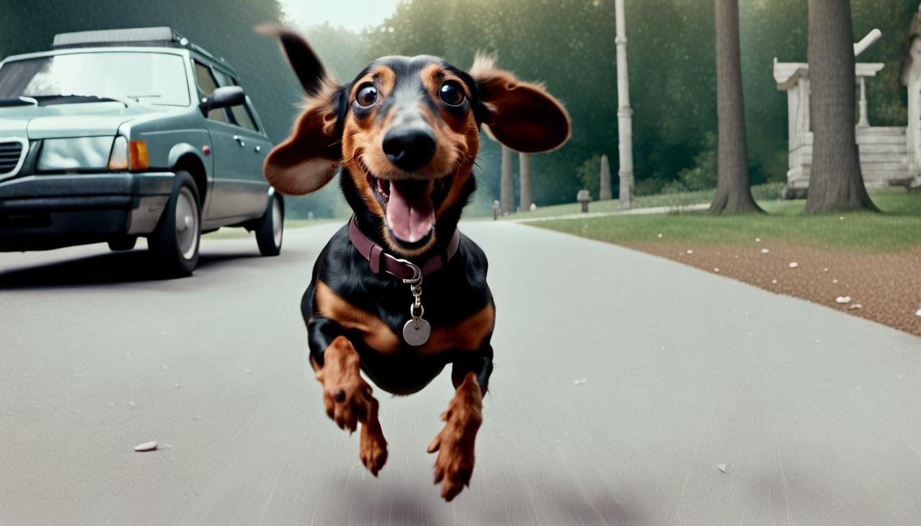 A funny realistic wiener dog jumping in front on the viewer, funny selfie, action movie scene, comedy movie scene direct...