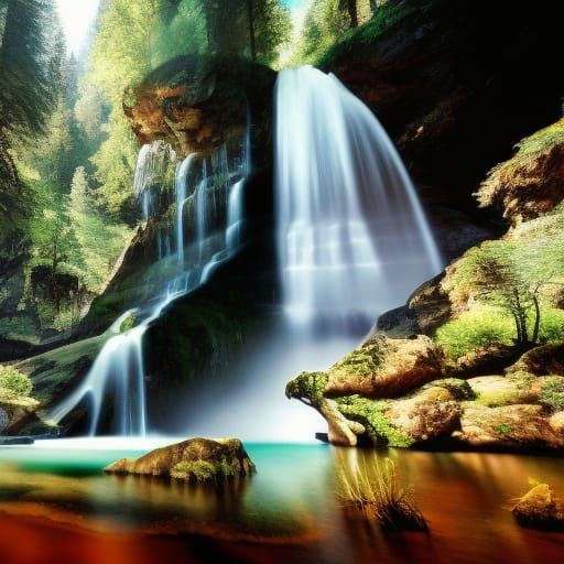 Fantasy Waterfall Scene with Dark, Volumetric Lighting