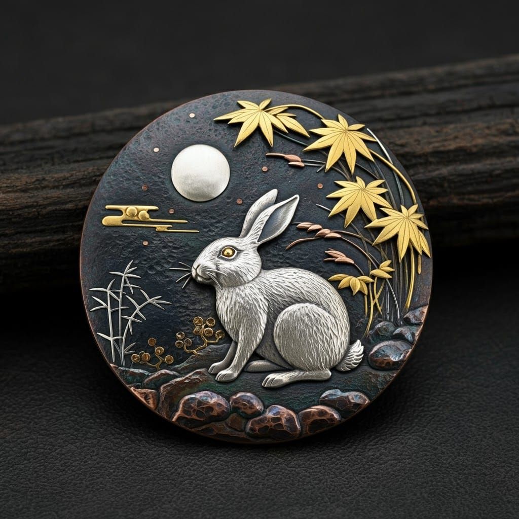 Japanese Shakudo Brooch: Rabbit Gazing at Moon