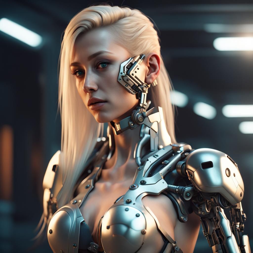 Blonde Woman Amputee with Metal Prosthetics in 3D