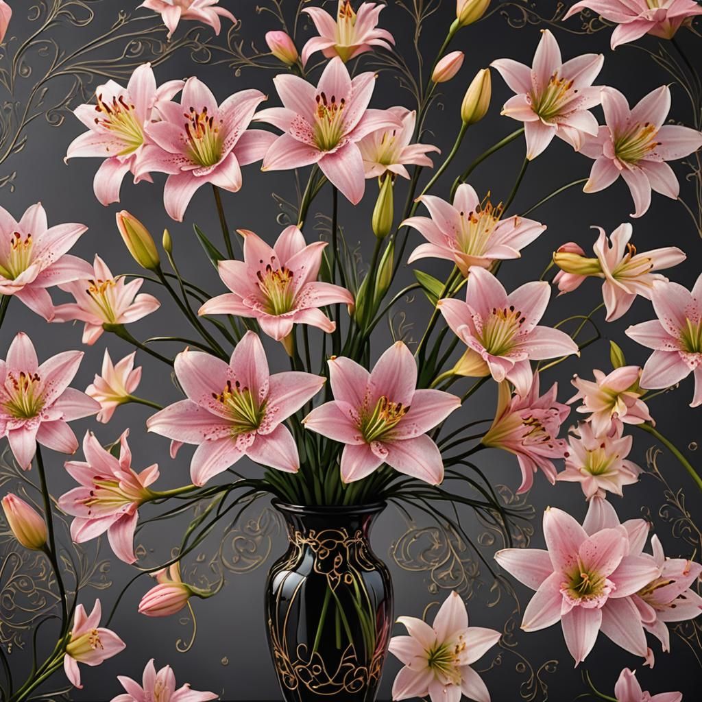Pink Rain Lilies in Black and Gold Vase