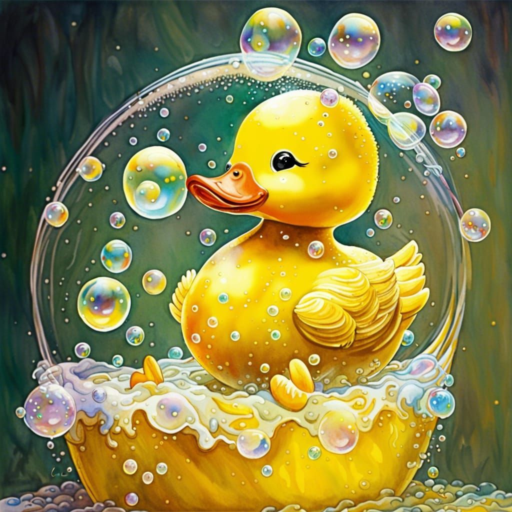 Rubber Duck in Bubble Bath Watercolor Art