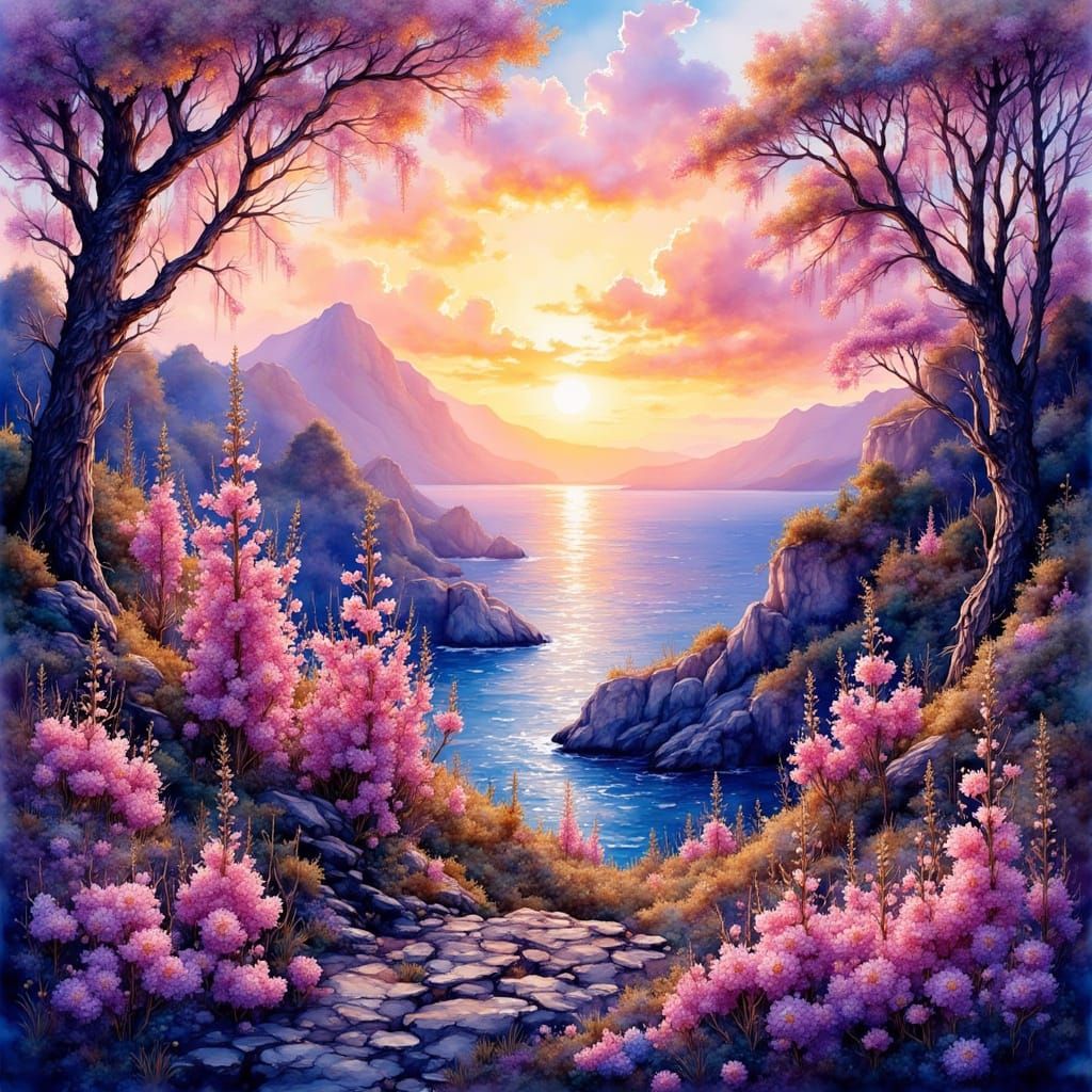 Surreal Sunrise Mountainscape with Blooming Bushland