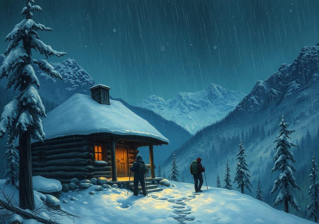 Hikers Sheltering from Snowfall: Classic Illustration Style