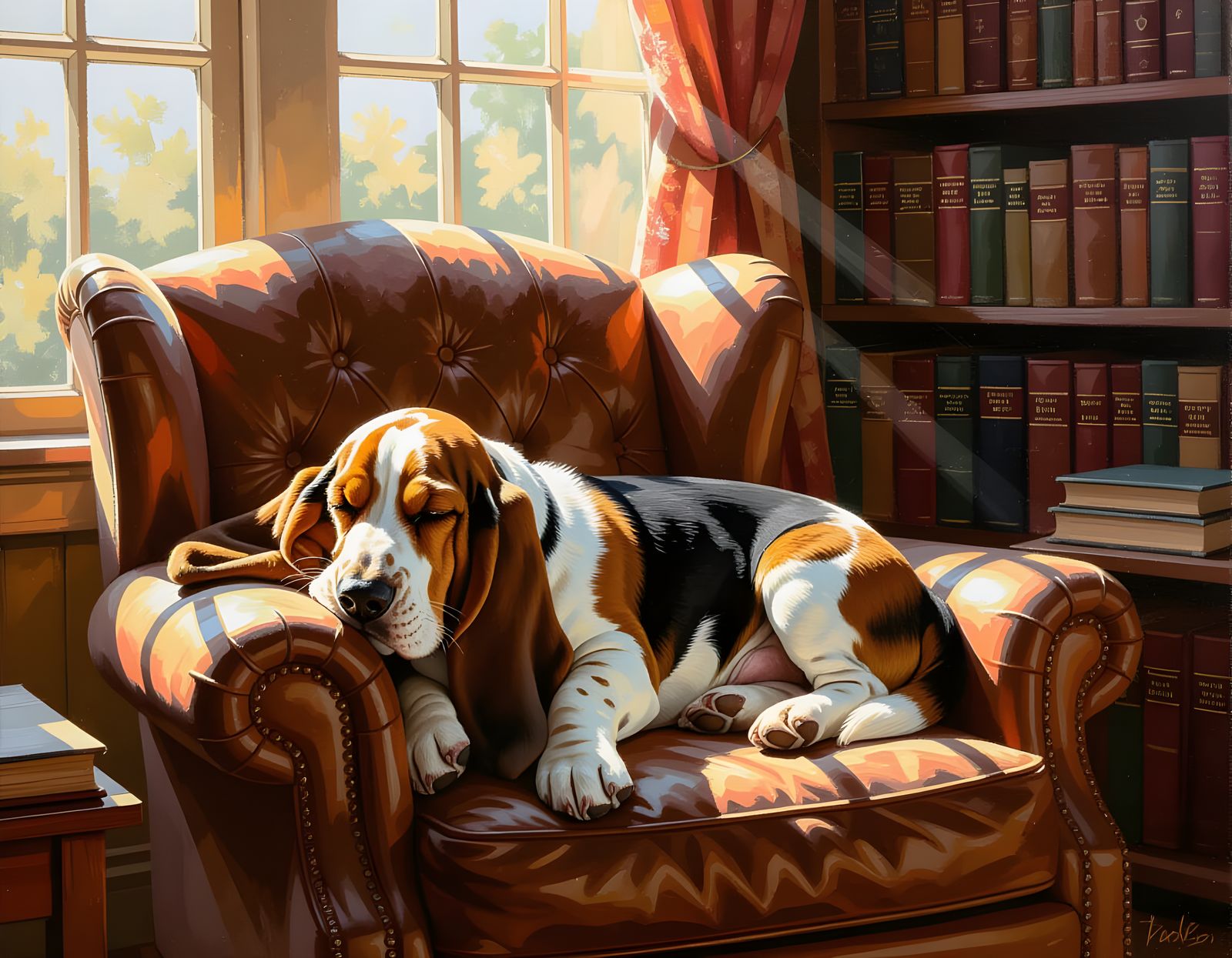Sleepy Basset Hound in Vintage Armchair Oil Painting