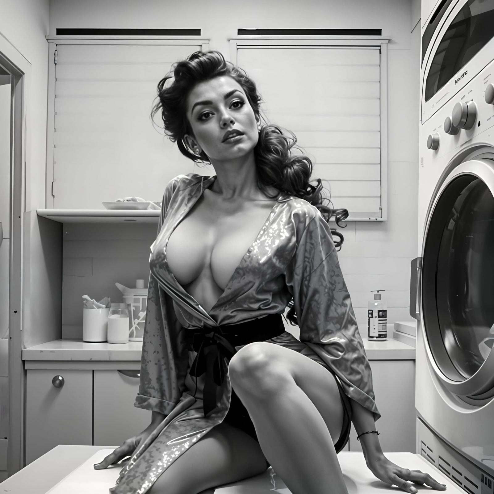 Pinup Woman on Washing Machine in Dynamic Pose