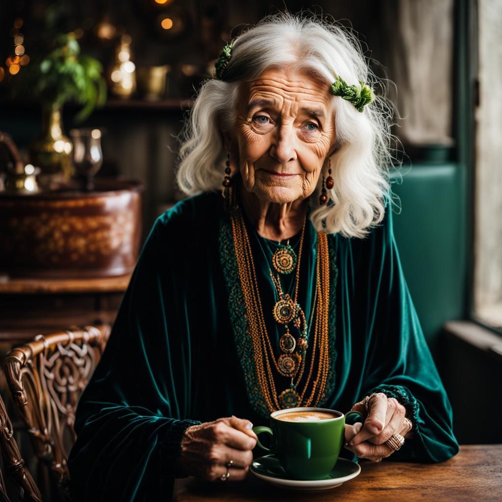 Old Irish Hippie Woman Drinking Coffee