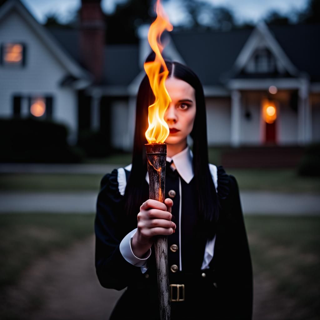 Wednesday Addams Holding a Burning Torch