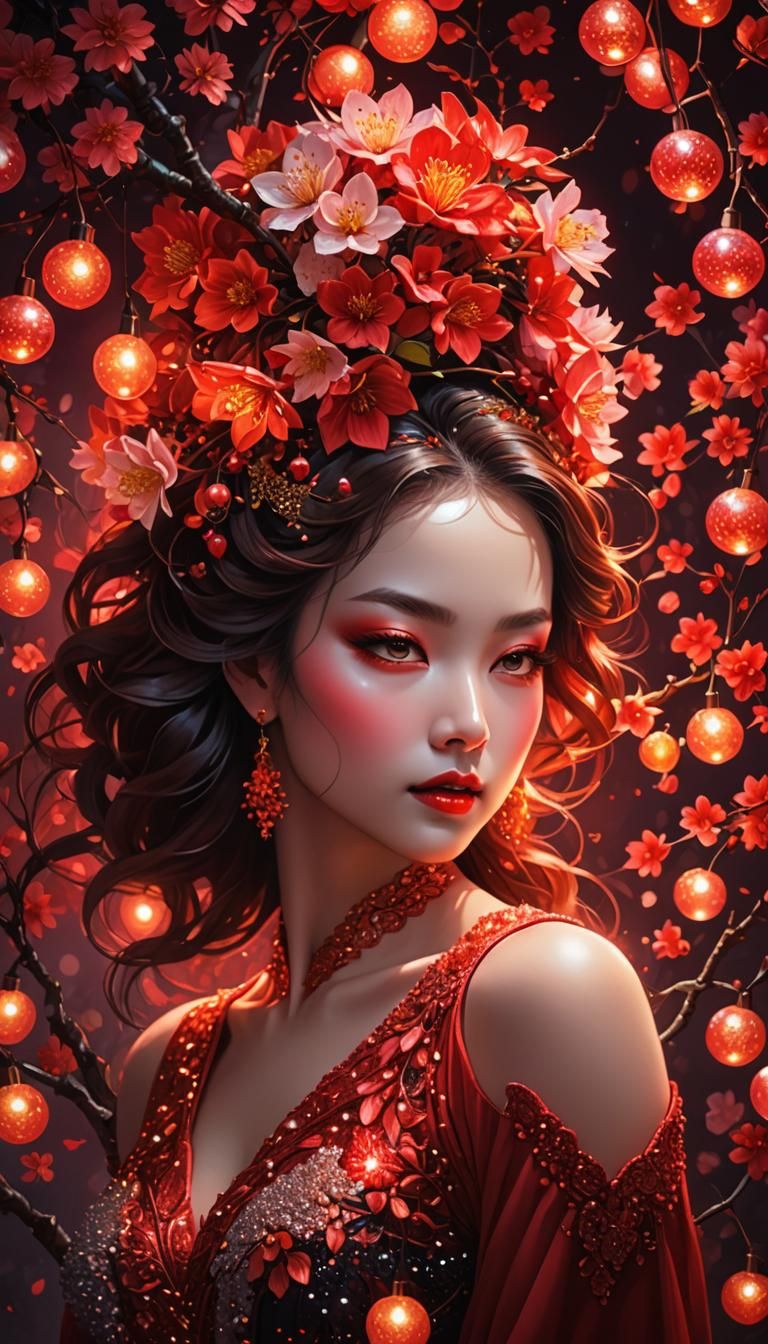 Fiery Lightbulb Woman in Pointillist Floral Dreamscape