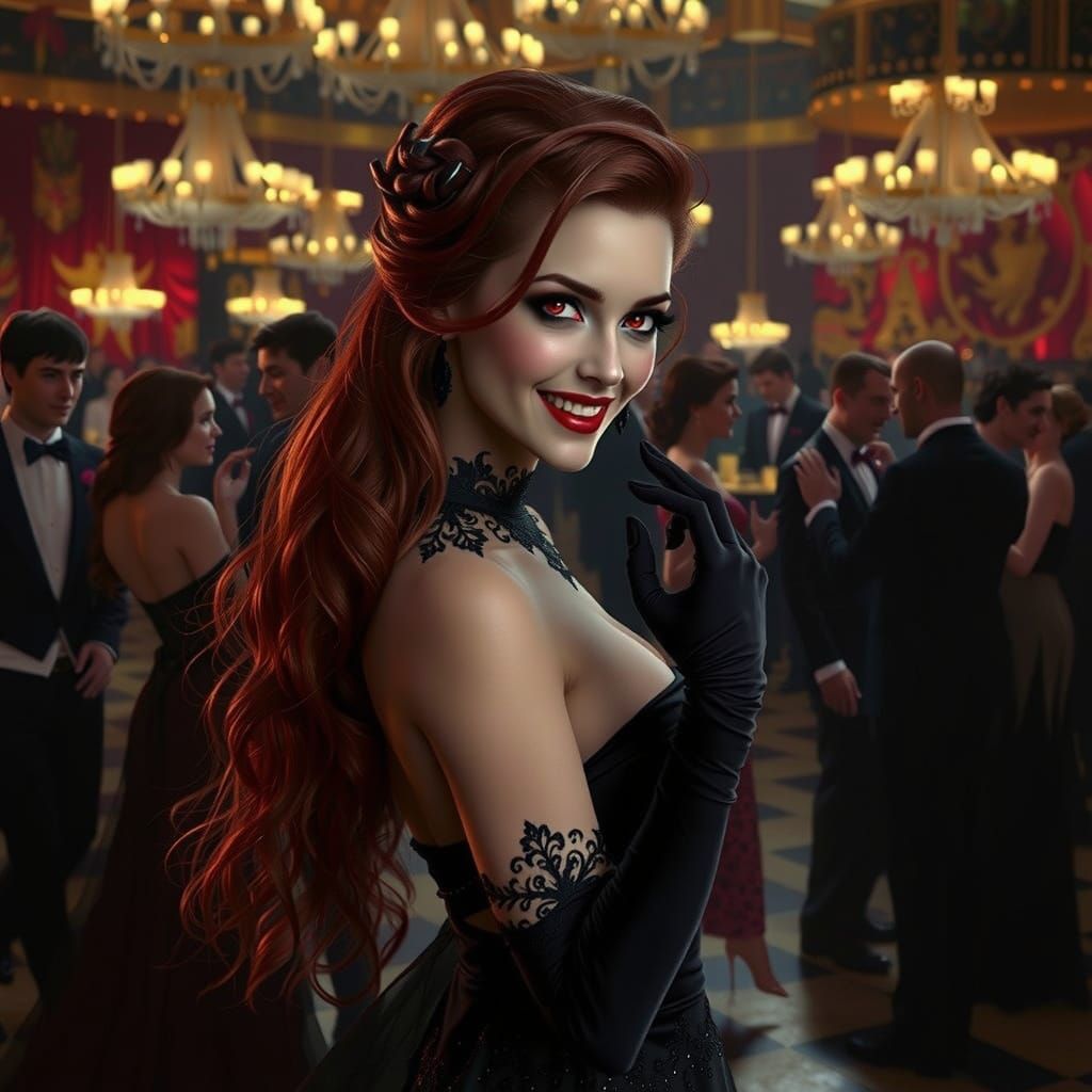 Pale Vampire Woman Grinning on Ballroom Floor