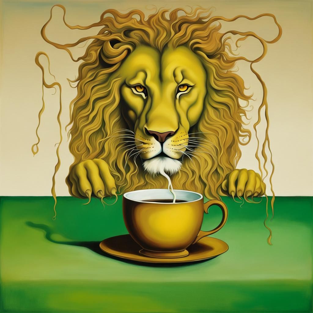 Surreal Lion Sipping Coffee, Salvador Dali Style