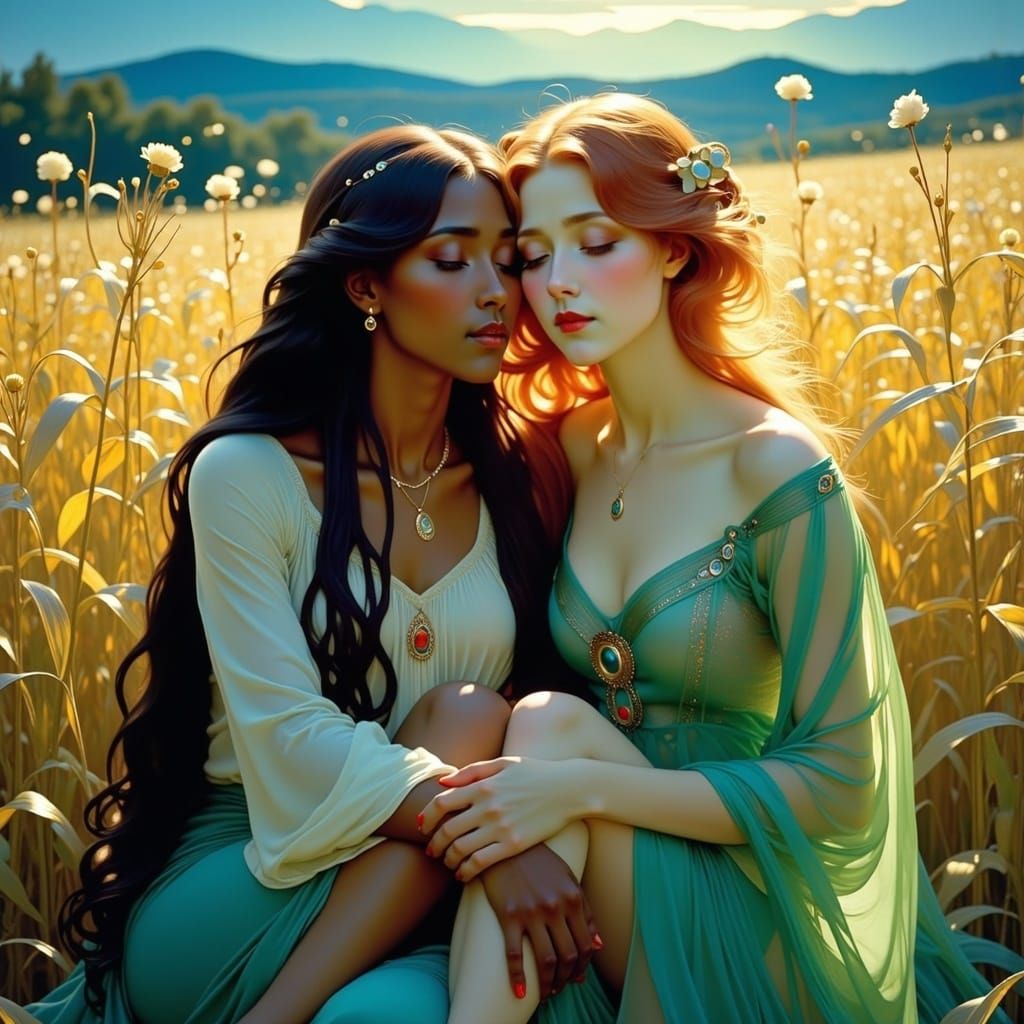 Two Women in a Whimsical Embrace, amidst a Golden Cornfield