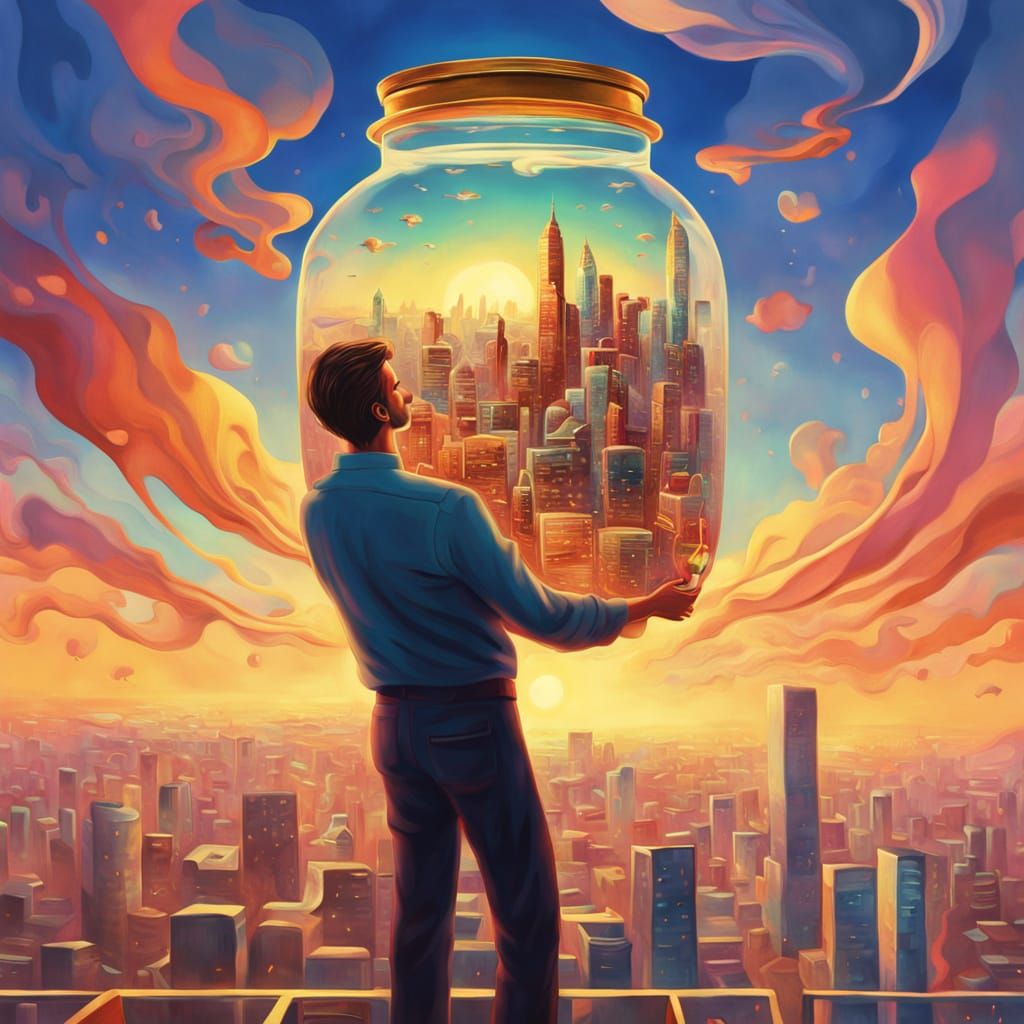 Surreal Man with Jar Cityscape in Abstract Art