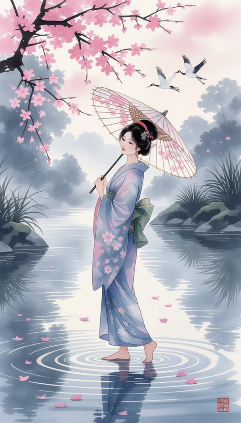 Woman with Umbrella in Dreamlike Watercolor Riverside