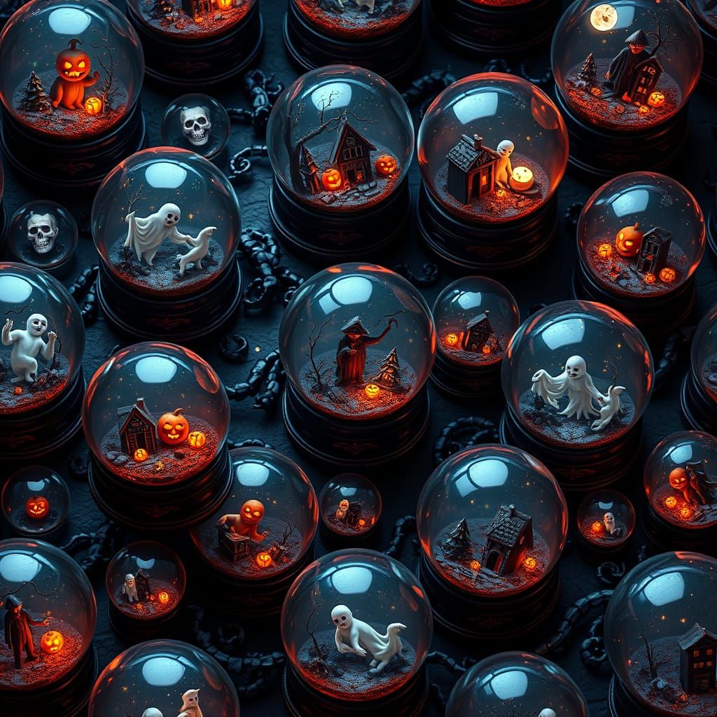 Grid of Detailed Halloween Snowglobes in Matte Painting Styl...