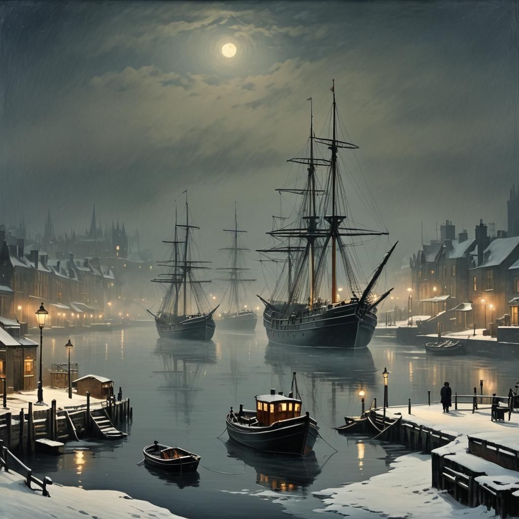 Victorian Harbor in Winter Snow at Night