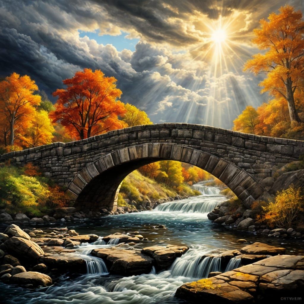 Ancient Stone Bridge Over Creek in Autumn Sunlight
