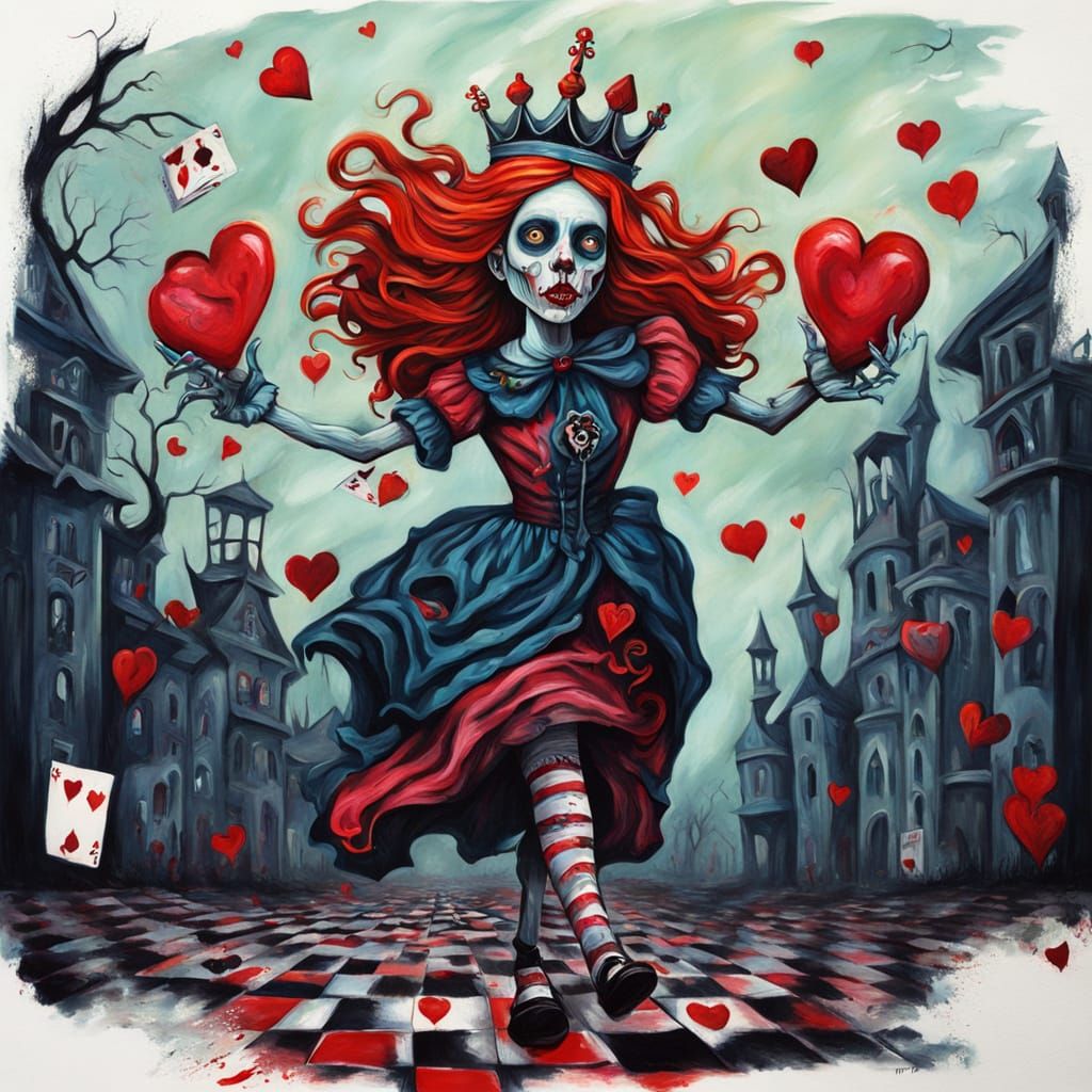 Surreal Gothic Queen of Hearts Zombie Chases Alice in a Dark...