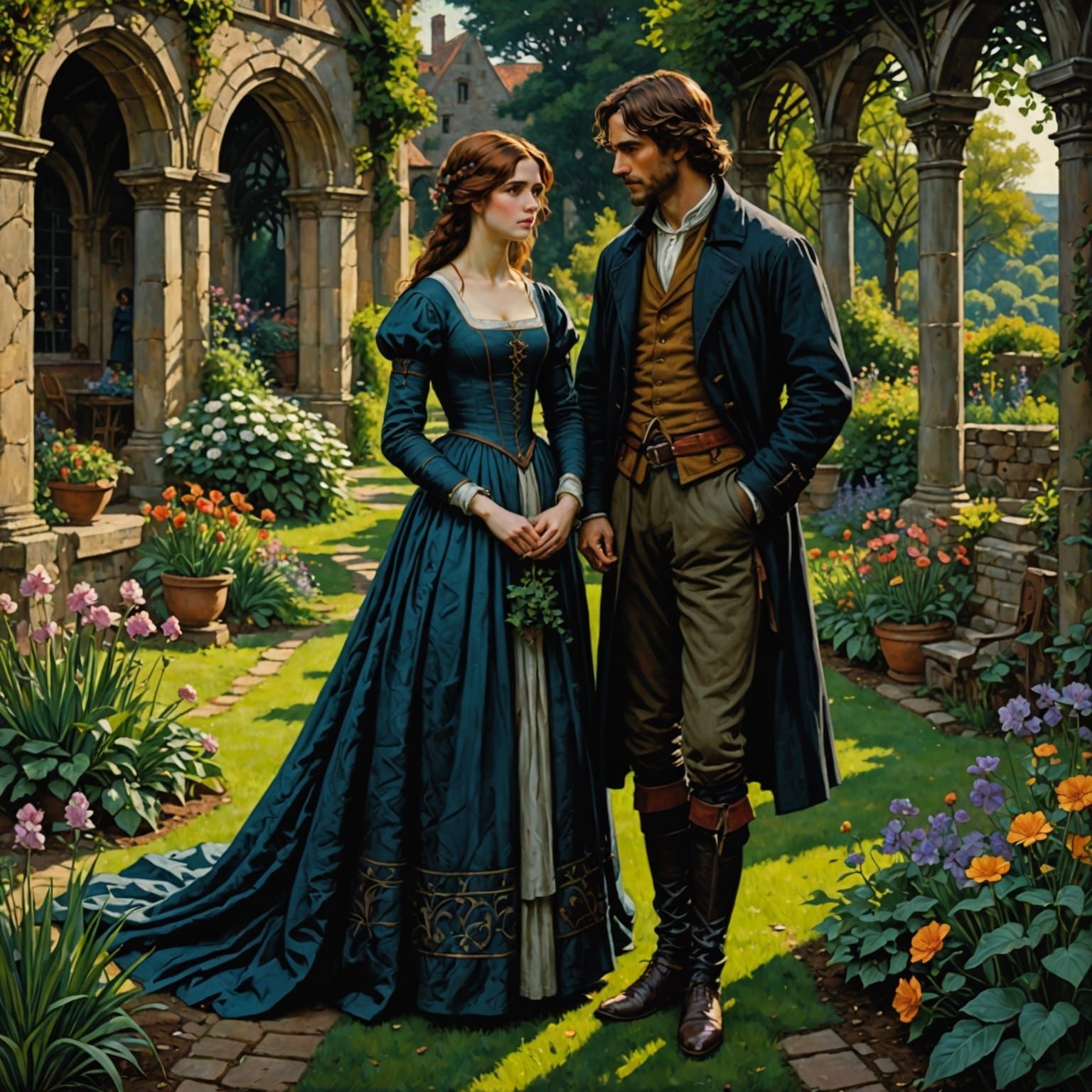 Medieval Garden Scene in Anime Style