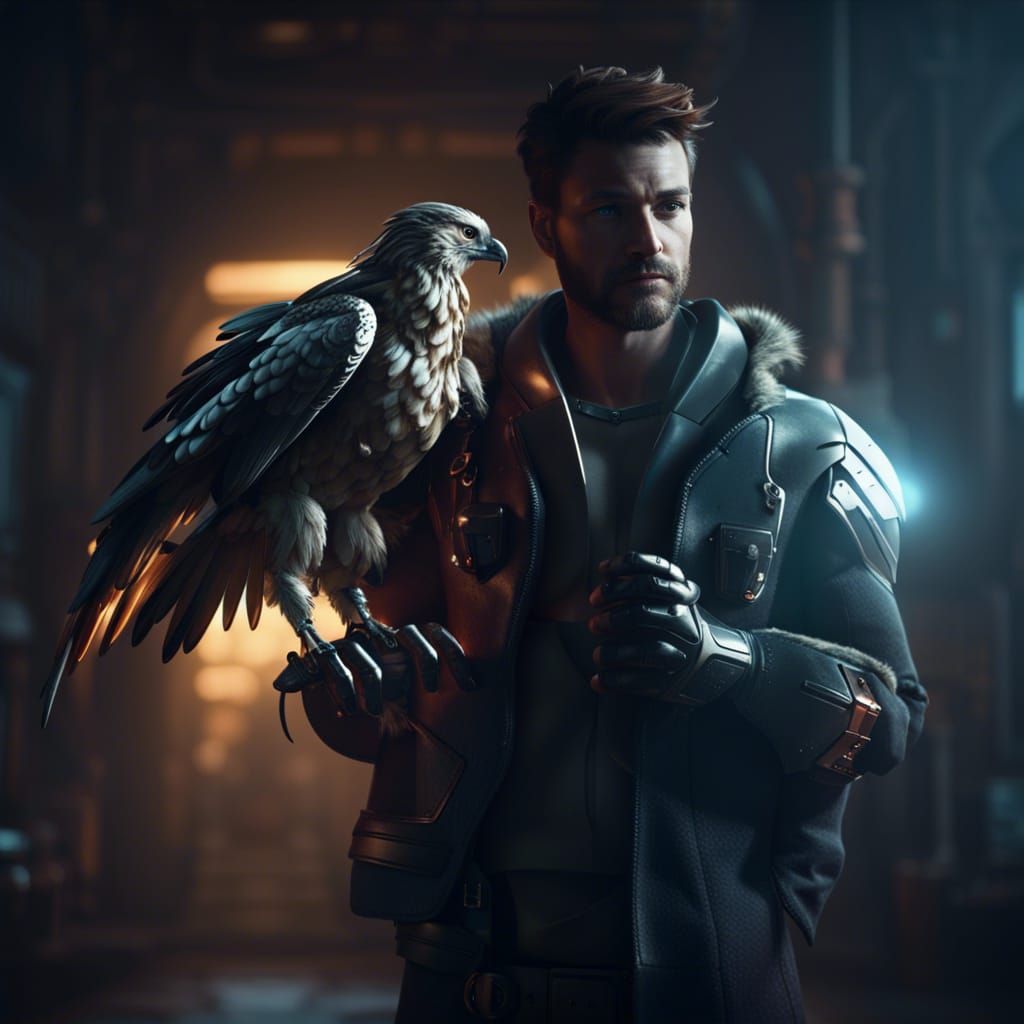 Man with Robot Hawk in Dramatic Cinematic Style