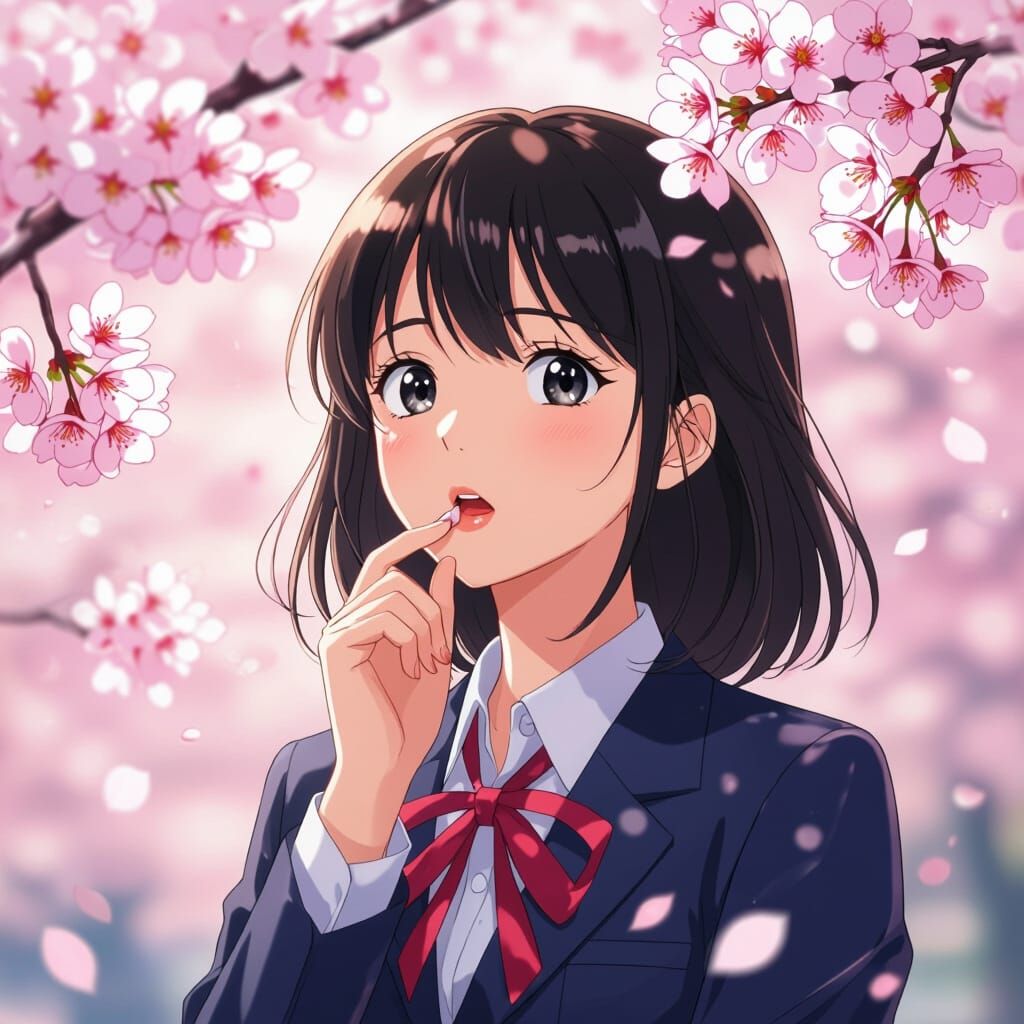 Sakura in School Uniform Surrounded by Cherry Blossoms
