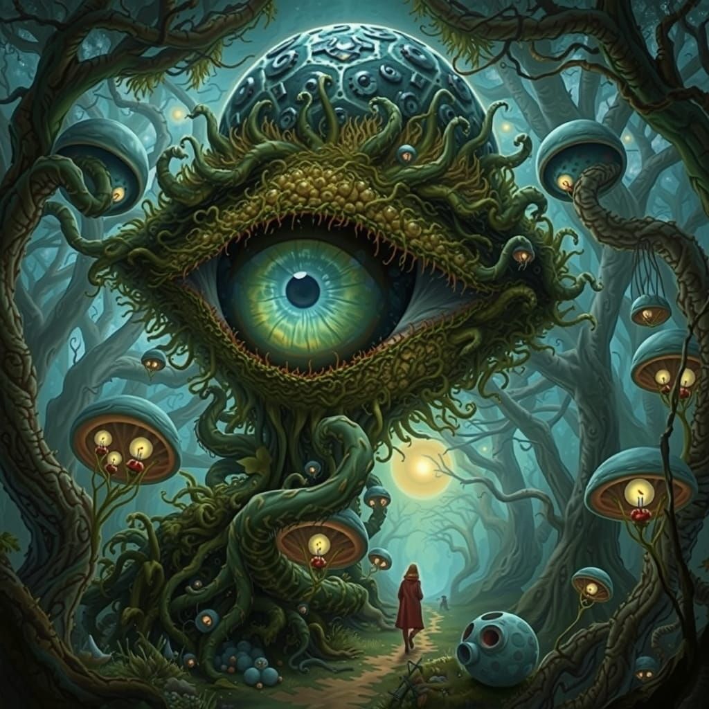 Surreal Tree with Giant Eyeball, Whimsical Fantasy Art