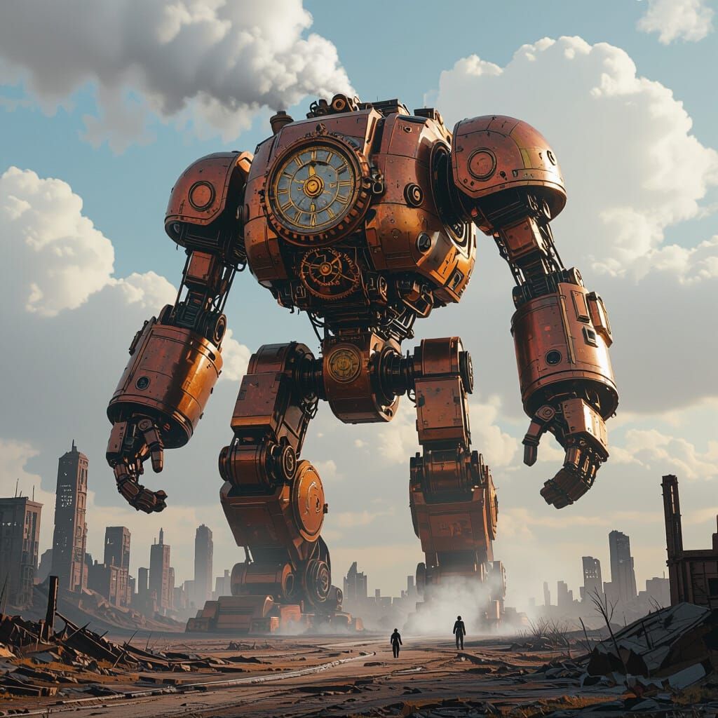 Steampunk Clockwork Colossus in Post-Apocalyptic Landscape