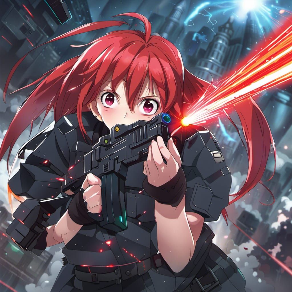 Red-Haired Girl Shooting Laser Gun: Anime Style
