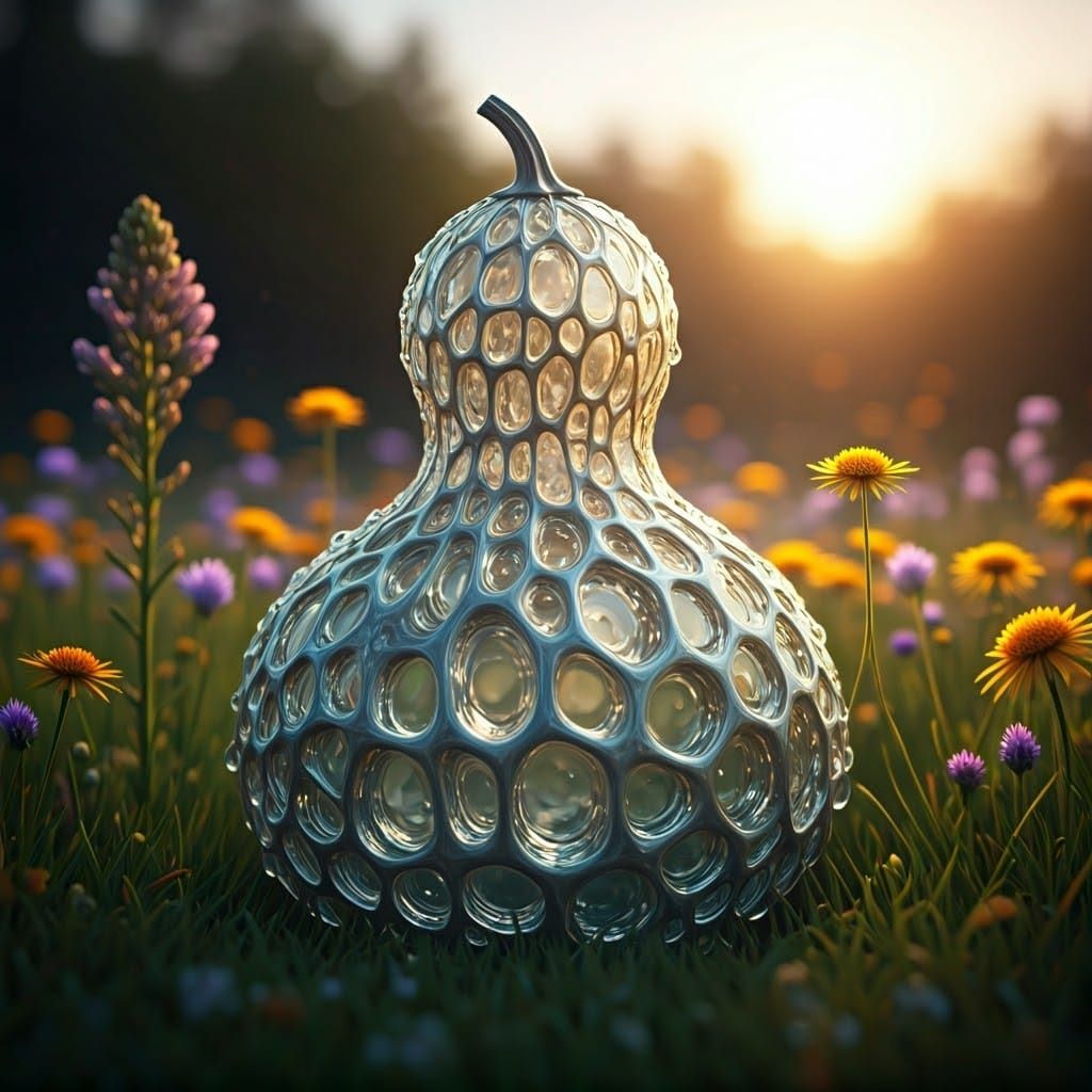 Raindrop Gourd in Meadow: Hyperrealistic Dreamscape