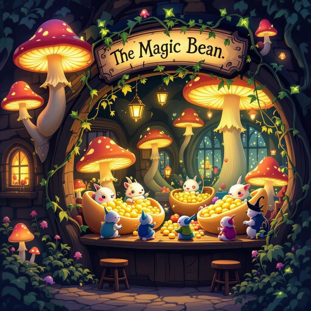 Enchanting Magic Bean Bar with Tiny Creatures in Storybook S...