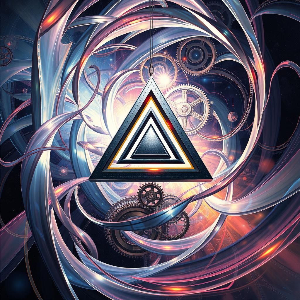 a triangle, cogs and gears,  space ribbons, abstract fusion