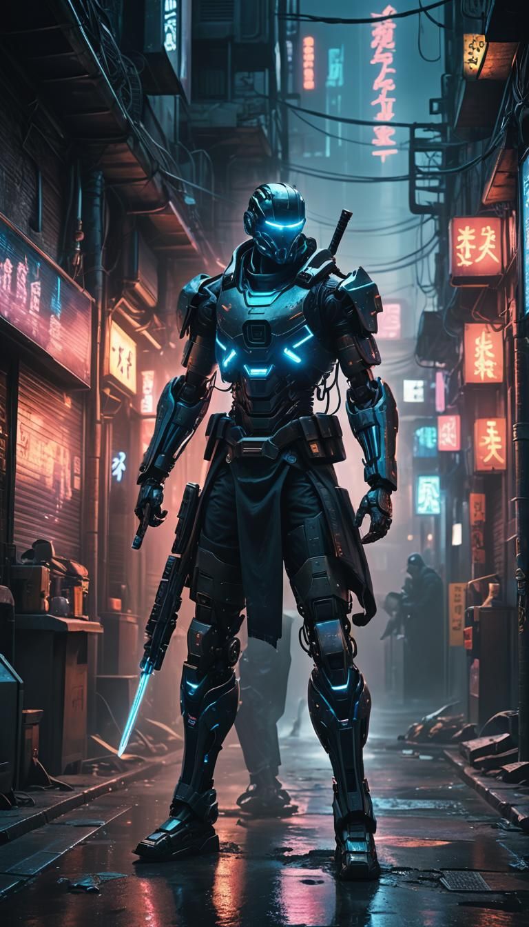 Cyberpunk Robotic Assassin in Neon Alleyway