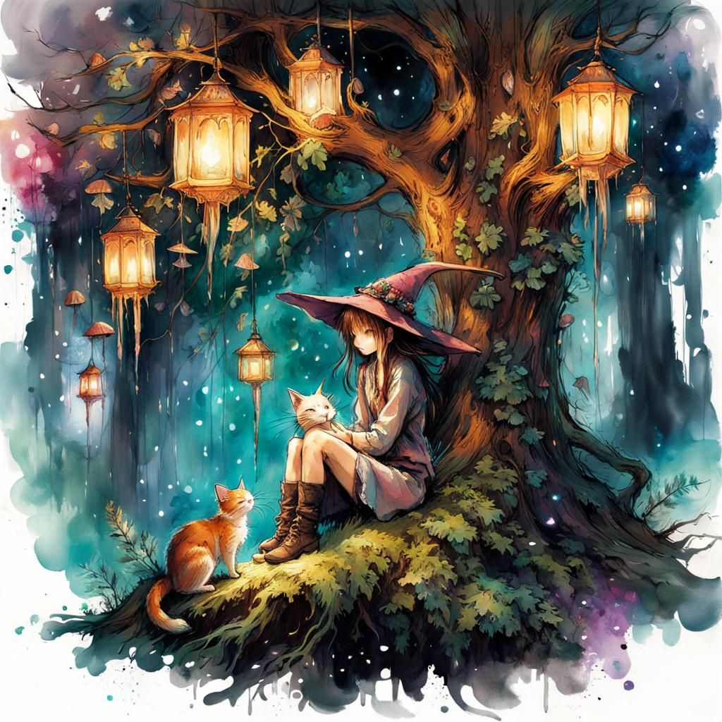 Enchanted Forest: Witch, Cat, and Magical Tree